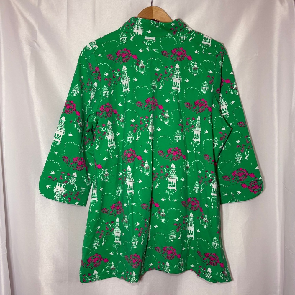 Katherine Way Green Chinoiserie Golf Tunic Top Womens 2XL Pink Floral Pagoda USA - Picture 4 of 7
